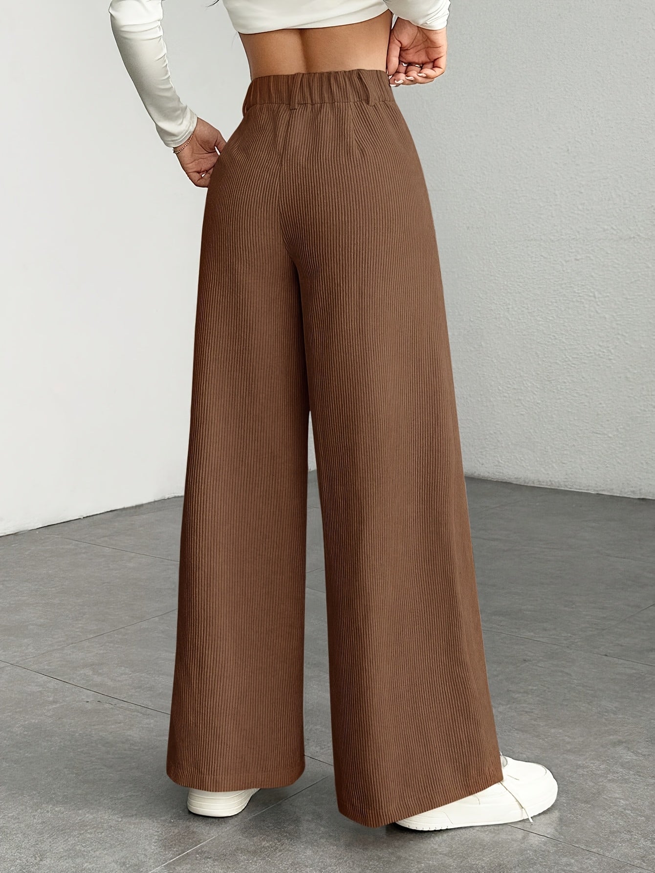 Dames broek – Geribbelde wide leg broek met hoge taille
