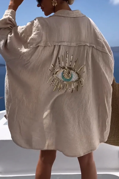 Strand Tuniek met Gouden Oogdetail – Luchtige Oversized Fit