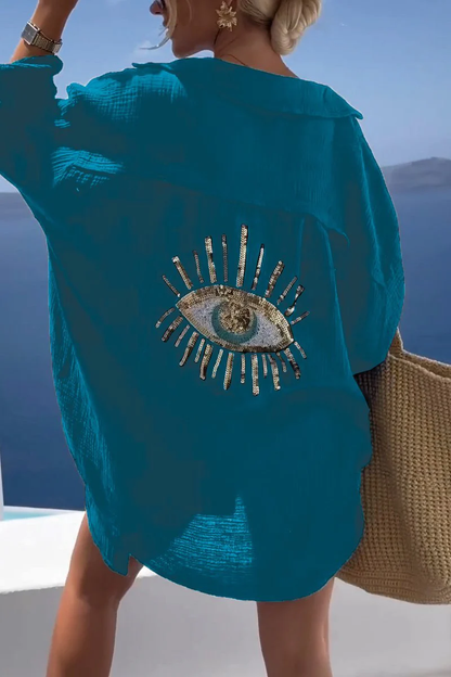 Strand Tuniek met Gouden Oogdetail – Luchtige Oversized Fit