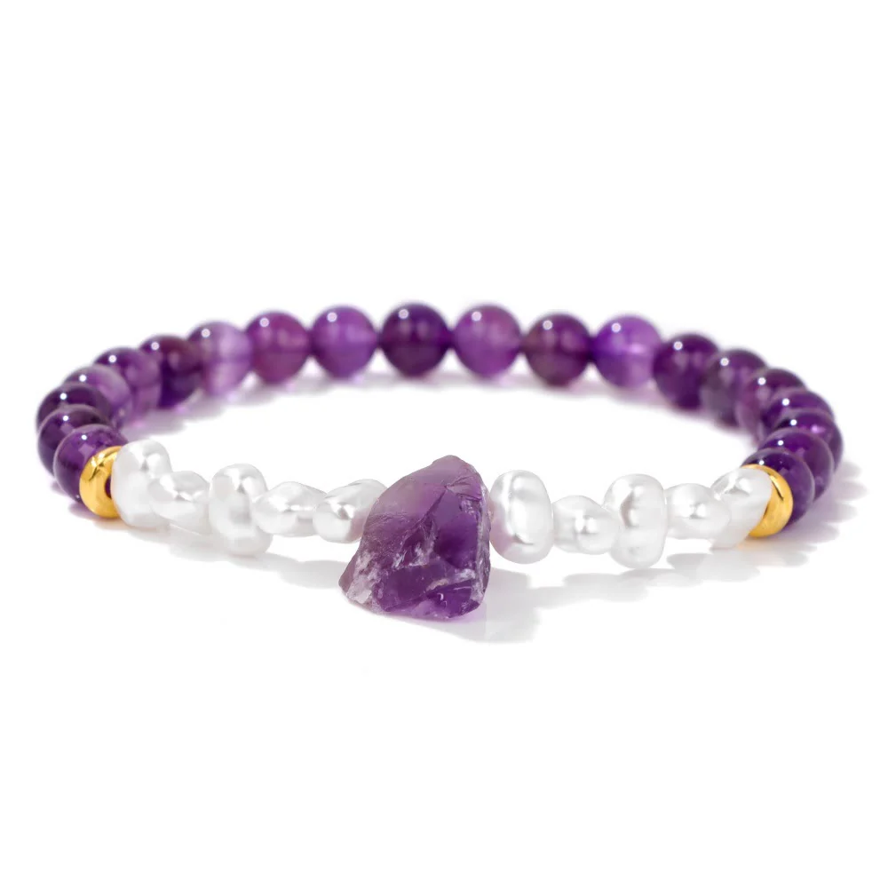Dames Armband – Elastische Armband met Kruisvormige Natuursteen en Parelaccenten