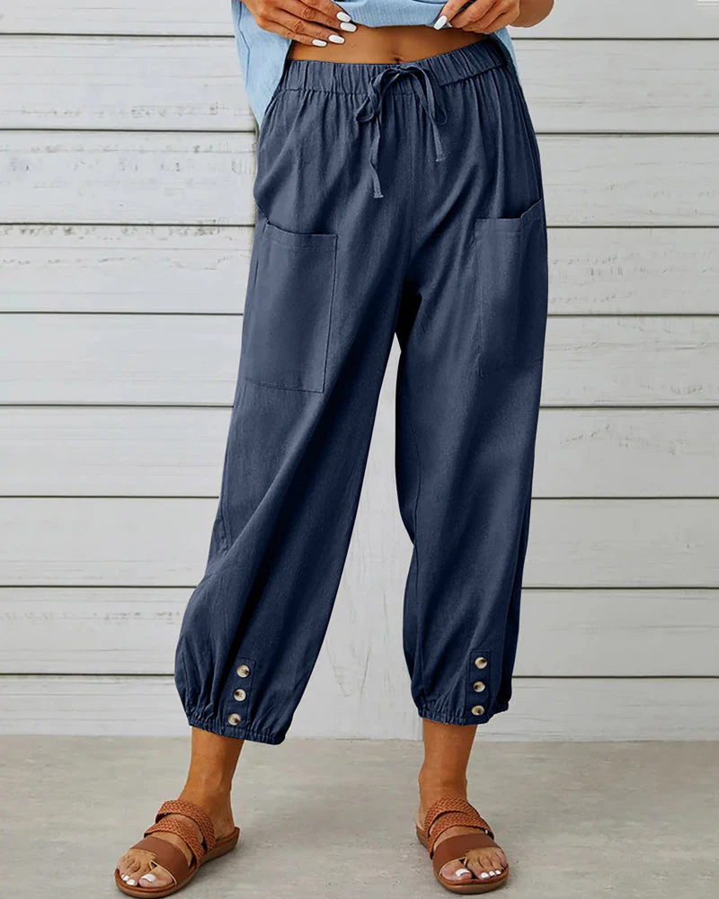 Dames Losse Broek – Luchtige Katoenmix met Elastische Taille en Knoopdetails