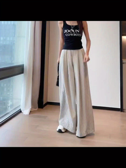 Dames broek – Gestreepte wide leg broek met hoge taille en elastische band