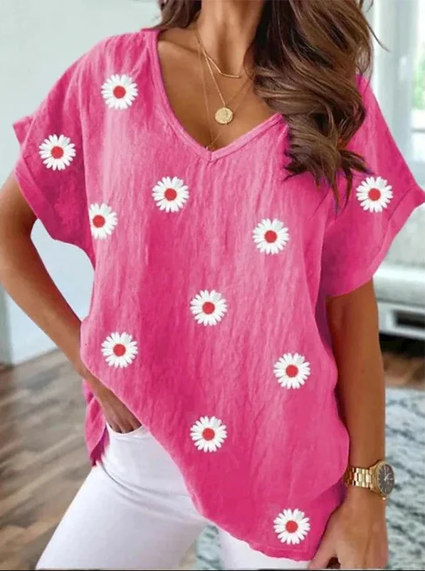 Dames Zomertop - Korte Mouwen - V-Hals - Bloemenprint