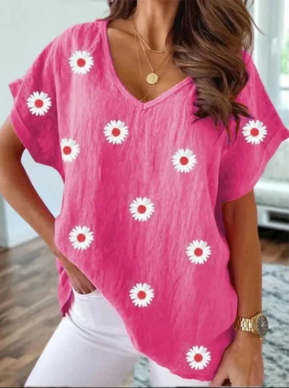 Dames Zomertop - Korte Mouwen - V-Hals - Bloemenprint