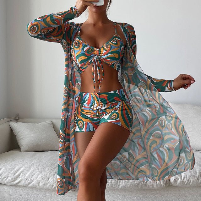 Dames strandset in retrostijl – 3-delig met top, short en doorschijnende kimono
