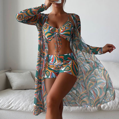 Dames strandset in retrostijl – 3-delig met top, short en doorschijnende kimono