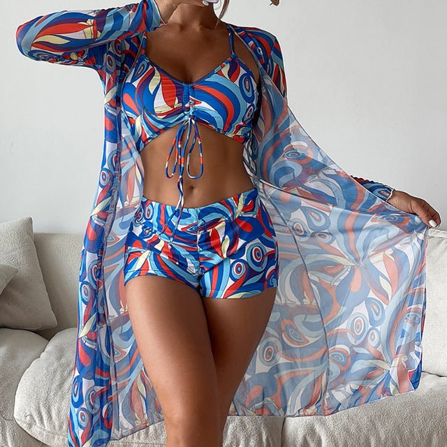 Dames strandset in retrostijl – 3-delig met top, short en doorschijnende kimono