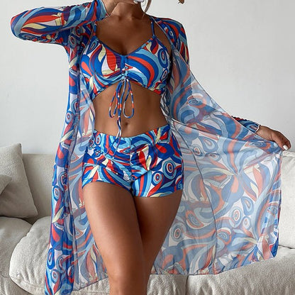 Dames strandset in retrostijl – 3-delig met top, short en doorschijnende kimono
