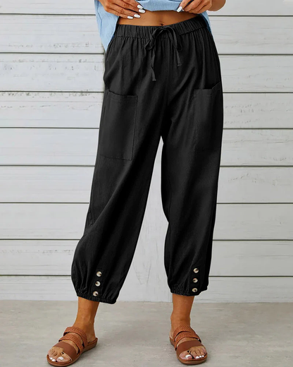 Dames Losse Broek – Luchtige Katoenmix met Elastische Taille en Knoopdetails