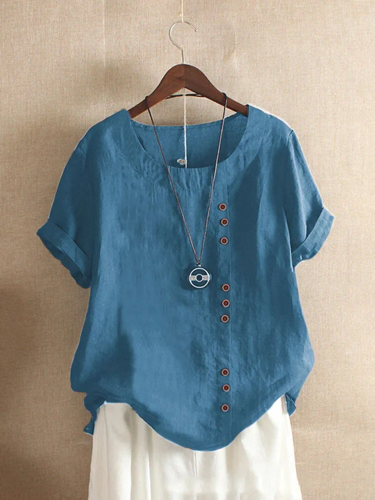 Dames Linnen Blouse - Asymmetrische Knoopsluiting - Korte Mouwen