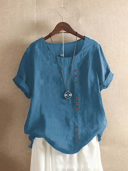 Dames Linnen Blouse - Asymmetrische Knoopsluiting - Korte Mouwen