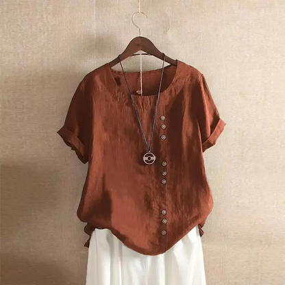 Dames Linnen Blouse - Asymmetrische Knoopsluiting - Korte Mouwen