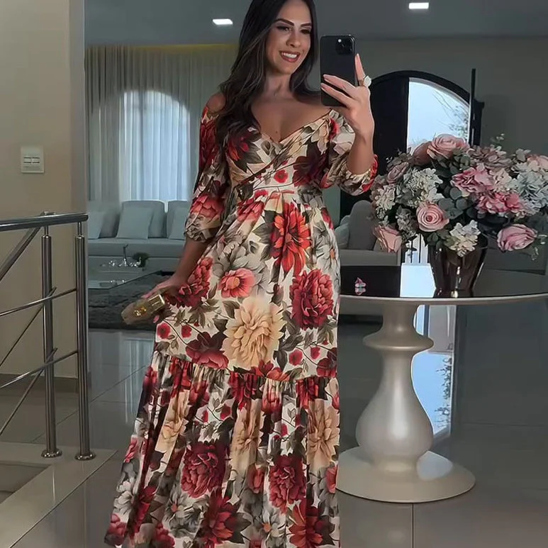Dames Maxi Jurk met Bloemenprint – Elegante overslagjurk met diepe V-hals en striklint