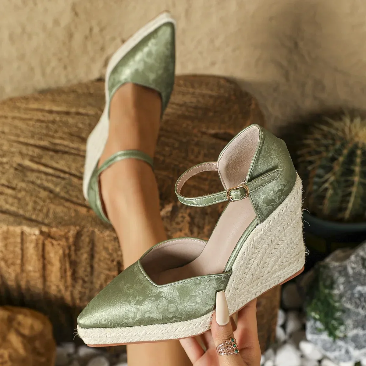 Dames Sleehakken met Enkelband – Espadrille Schoenen met Geweven Touwzool en Puntneus