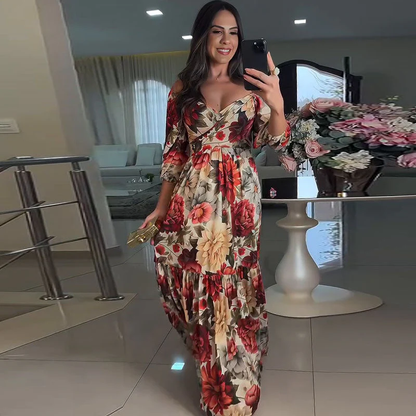 Dames Maxi Jurk met Bloemenprint – Elegante overslagjurk met diepe V-hals en striklint