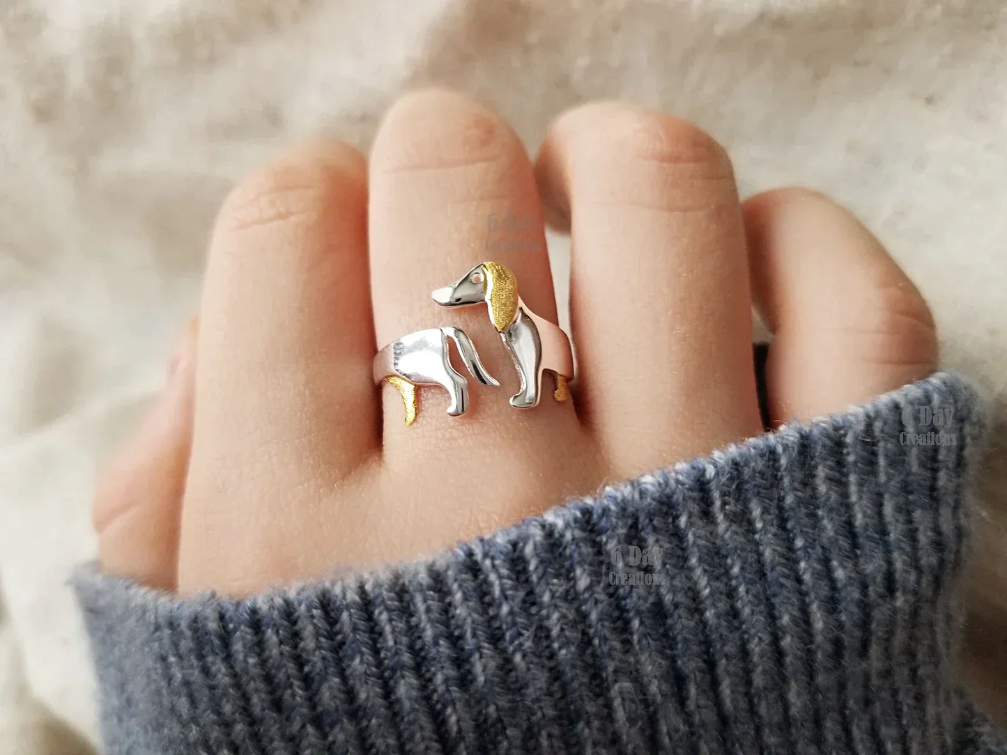 Dames Ring – Verstelbare Ring met teckel silhouet in Metaallook