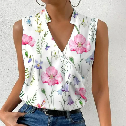 Dames Blouse Mouwloos - Bloemenprint - V-Hals - Zomer Top