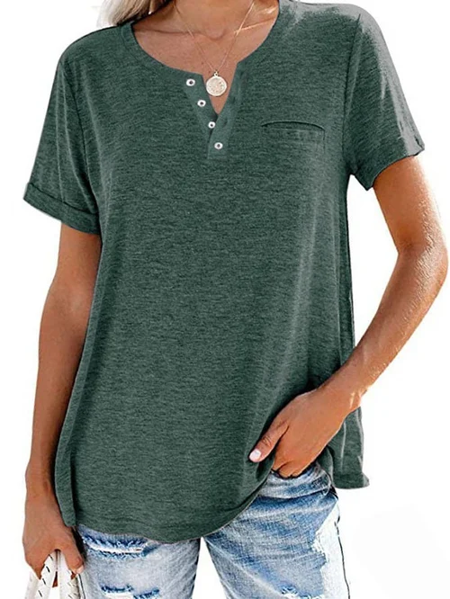 Dames T-shirt – Casual T-shirt met knoopdetail en borstzakje
