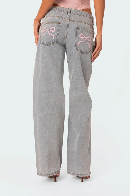 Dames wide-leg jeans – Grijs met geborduurde strikdetails