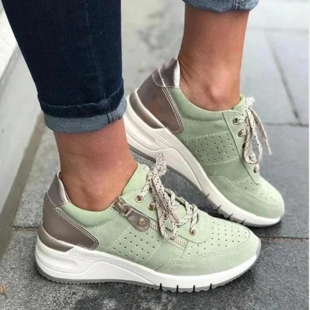 Dames sneakers met ritssluiting – Sportieve wandelschoenen met perforaties en verhoogde zool