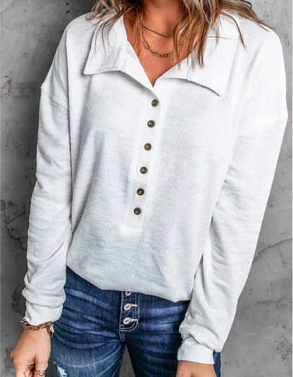 Dames Longsleeve Top met Kraag en Knopen – Casual Blouse met Lange Mouwen