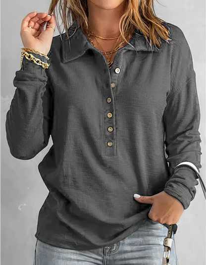 Dames Longsleeve Top met Kraag en Knopen – Casual Blouse met Lange Mouwen