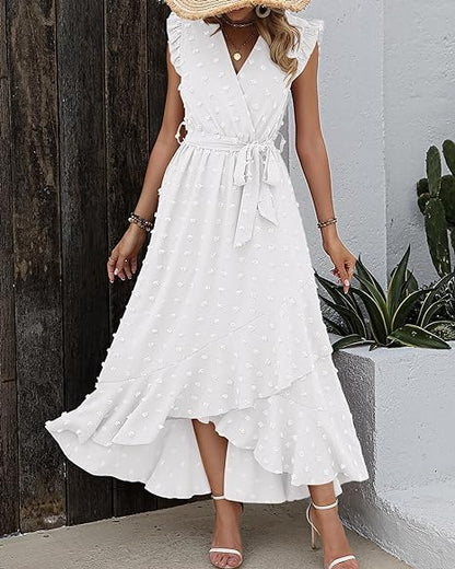Maxi-jurk met structuurstof en ruches – Elegante zomerjurk met V-hals en strikceintuur
