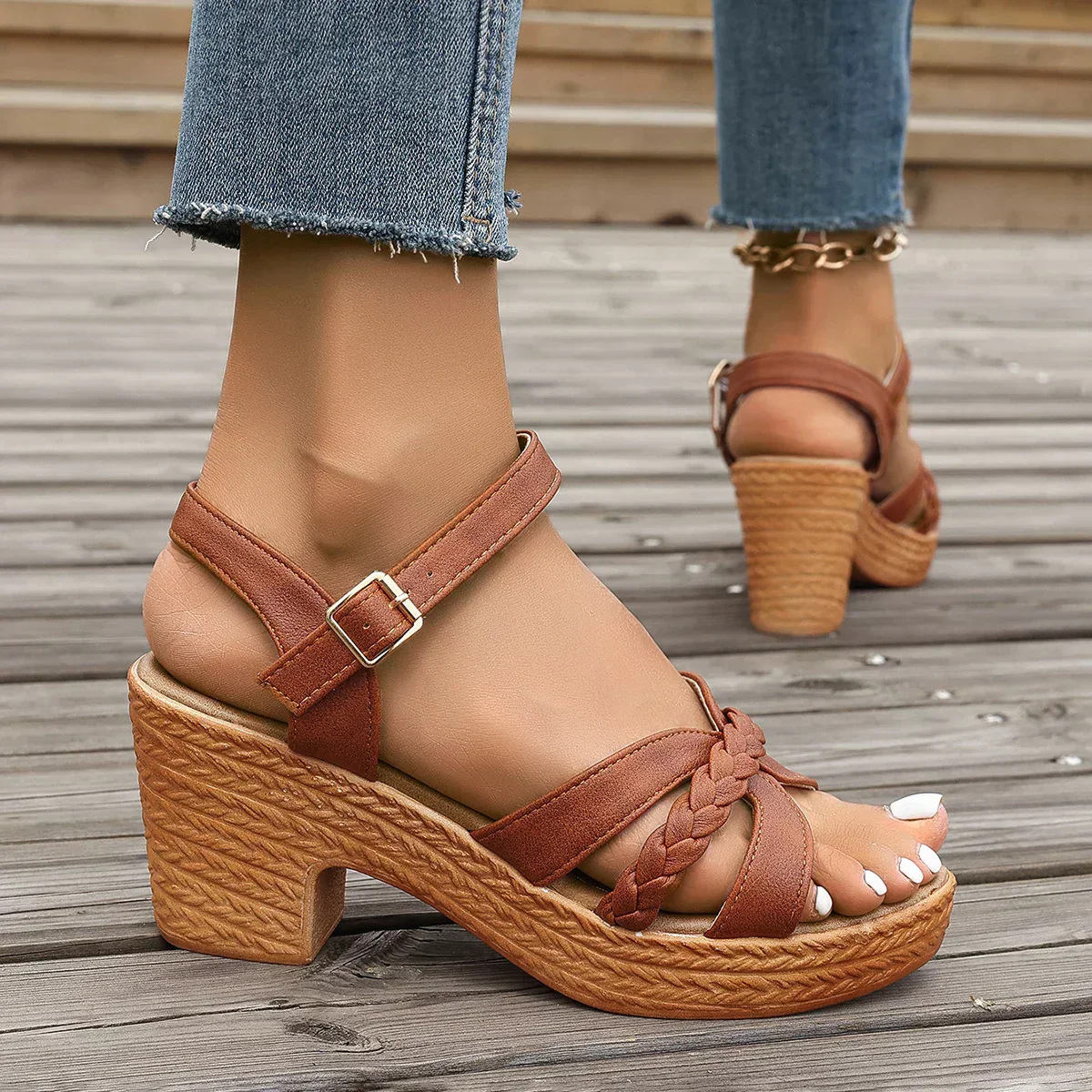 Dames Sandalen met Hoge Hak - Gevlochten Teensandalen met Riemsluiting