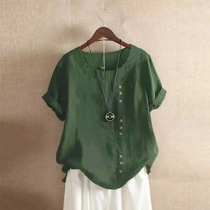 Dames Linnen Blouse - Asymmetrische Knoopsluiting - Korte Mouwen