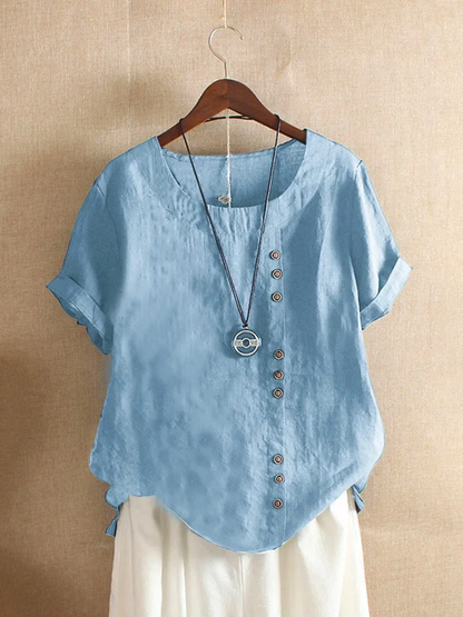 Dames Linnen Blouse - Asymmetrische Knoopsluiting - Korte Mouwen