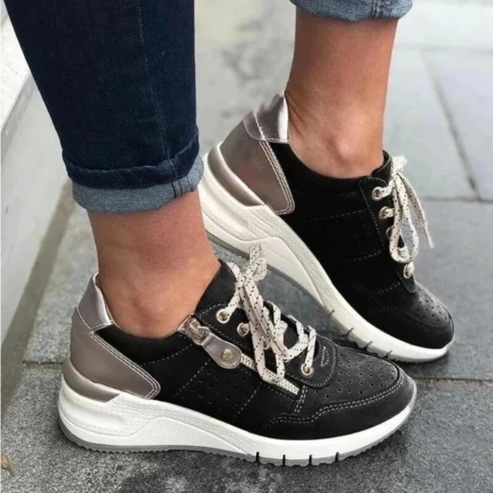 Dames sneakers met ritssluiting – Sportieve wandelschoenen met perforaties en verhoogde zool