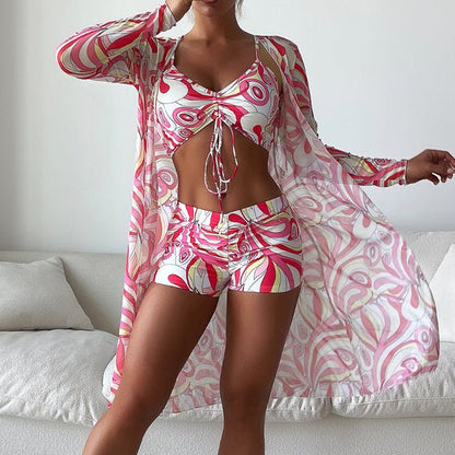 Dames strandset in retrostijl – 3-delig met top, short en doorschijnende kimono