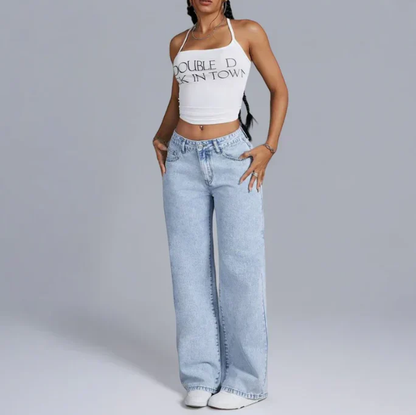 Dames wide-leg jeans – Grijs met geborduurde strikdetails