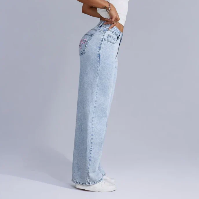 Dames wide-leg jeans – Grijs met geborduurde strikdetails