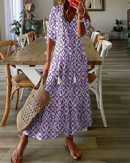 Maxi Jurk Dames – Boho Print met Koorddetail