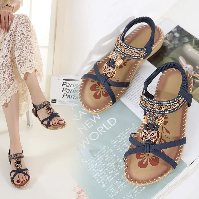 Dames Sandalen – Etnisch Geïnspireerde Zomerslippers met Elastische Band en Decoratieve Kralen