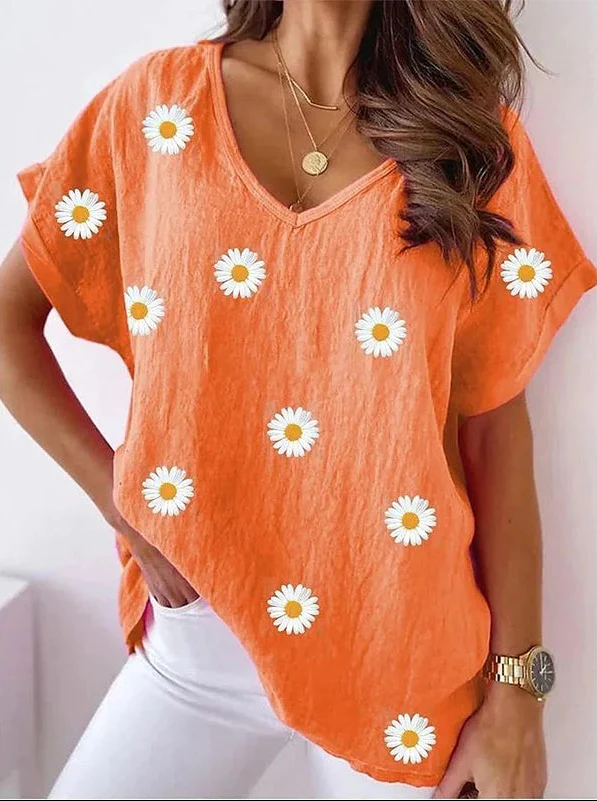 Dames Zomertop - Korte Mouwen - V-Hals - Bloemenprint