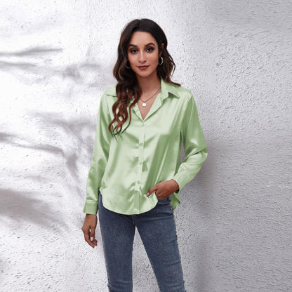 Damesblouse - Satijnen Look - Lange Mouwen - Knoopsluiting - Klassiek Design