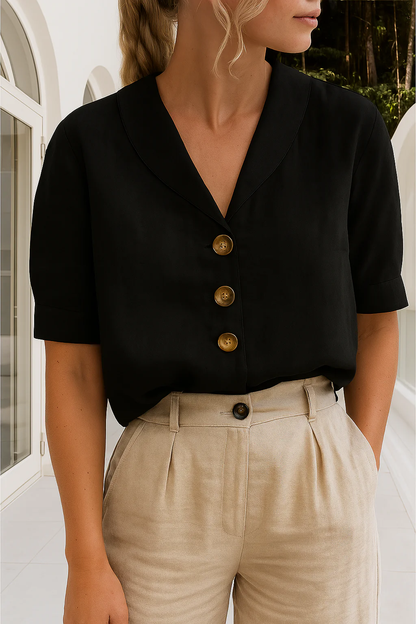 Dames blouse met sjaalkraag – Korte mouwen en knoopsluiting vooraan