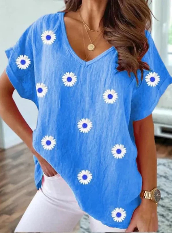 Dames Zomertop - Korte Mouwen - V-Hals - Bloemenprint