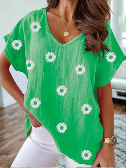 Dames Zomertop - Korte Mouwen - V-Hals - Bloemenprint