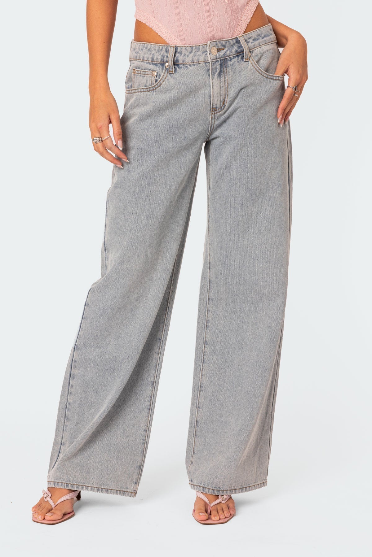 Dames wide-leg jeans – Grijs met geborduurde strikdetails