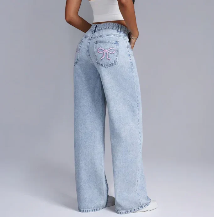 Dames wide-leg jeans – Grijs met geborduurde strikdetails