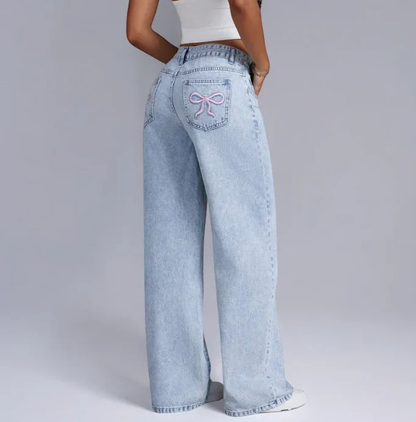 Dames wide-leg jeans – Grijs met geborduurde strikdetails