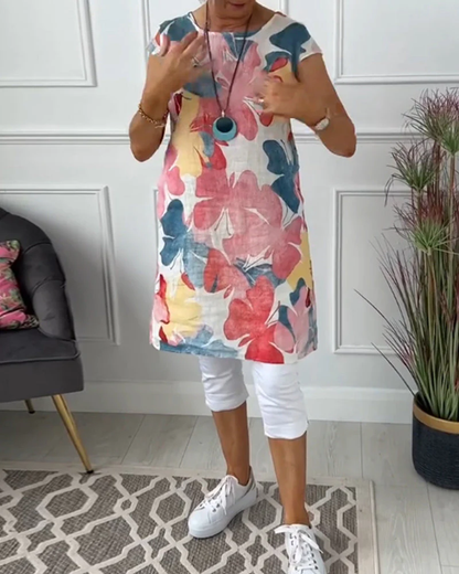 Dames Jurk - Bloemenprint - Linnen Look - Mouwloos - Zomerjurk