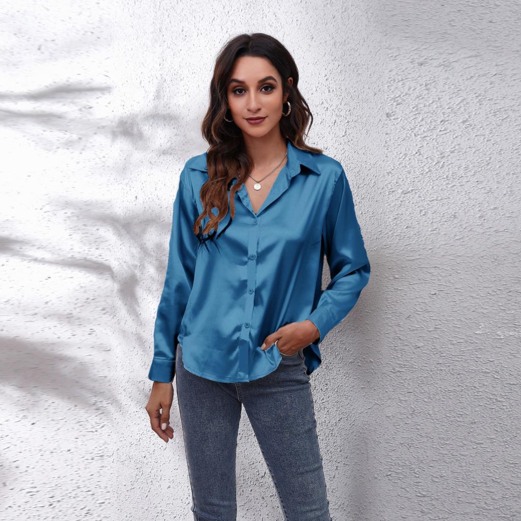 Damesblouse - Satijnen Look - Lange Mouwen - Knoopsluiting - Klassiek Design