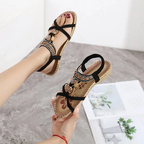 Dames Sandalen – Etnisch Geïnspireerde Zomerslippers met Elastische Band en Decoratieve Kralen