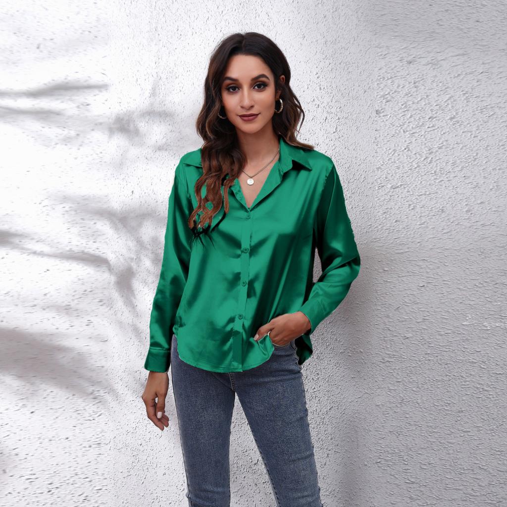 Damesblouse - Satijnen Look - Lange Mouwen - Knoopsluiting - Klassiek Design