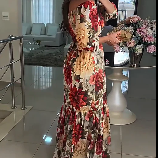 Dames Maxi Jurk met Bloemenprint – Elegante overslagjurk met diepe V-hals en striklint