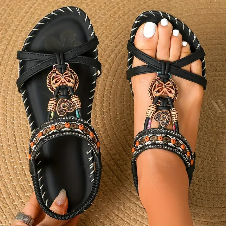 Dames Sandalen – Etnisch Geïnspireerde Zomerslippers met Elastische Band en Decoratieve Kralen